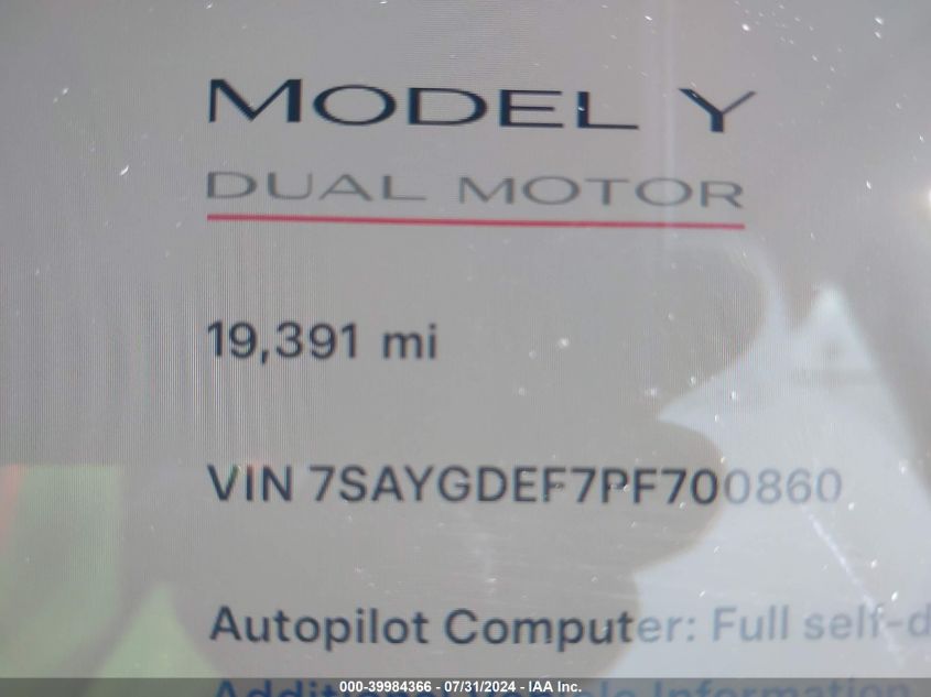 2023 Tesla Model Y Awd/Performance Dual Motor All-Wheel Drive VIN: 7SAYGDEF7PF700860 Lot: 39984366