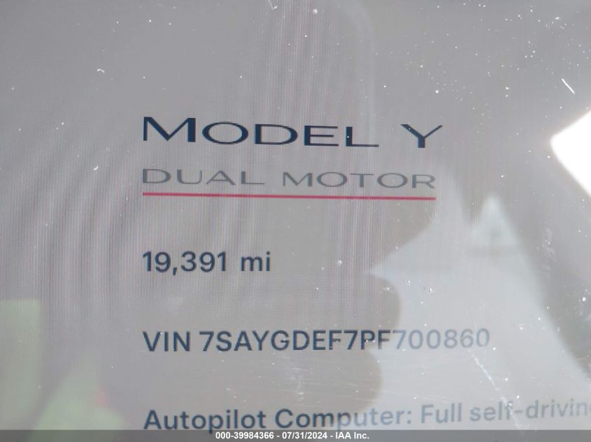 2023 Tesla Model Y Awd/Performance Dual Motor All-Wheel Drive VIN: 7SAYGDEF7PF700860 Lot: 39984366