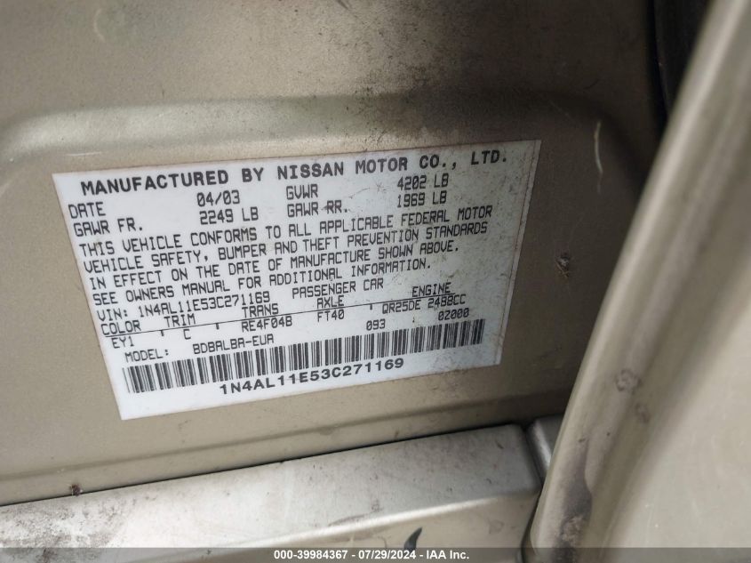 2003 Nissan Altima 2.5 Sl VIN: 1N4AL11E53C271169 Lot: 39984367