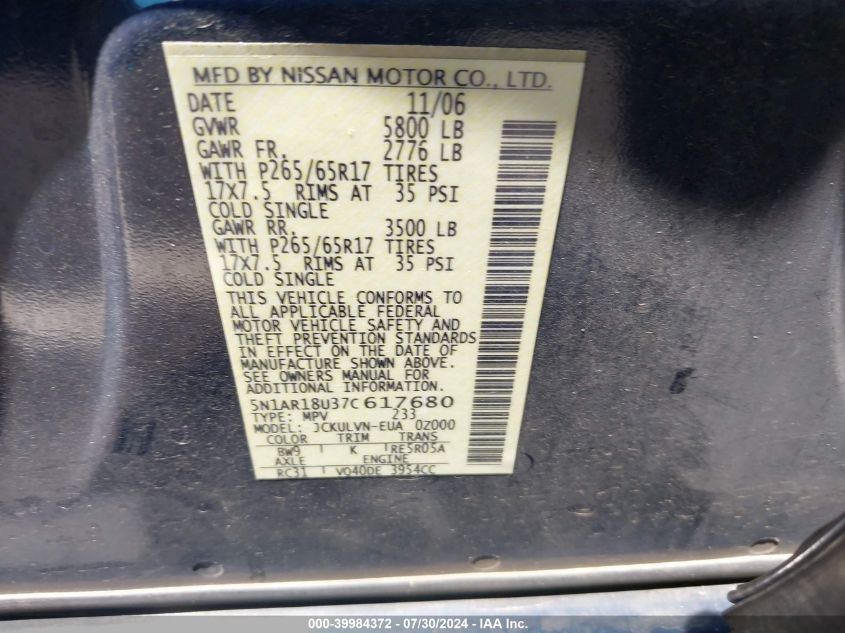 2007 Nissan Pathfinder Le VIN: 5N1AR18U37C617680 Lot: 39984372