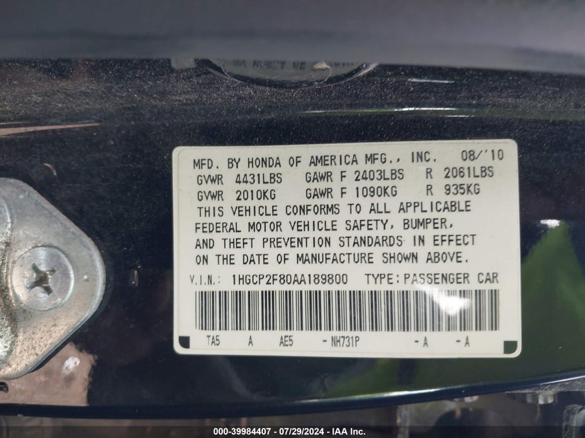 2010 Honda Accord Sdn 2.4 Ex-L/Ex-L VIN: 1HGCP2F80AA189800 Lot: 39984407