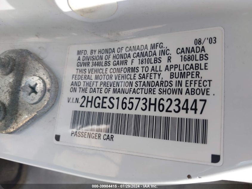 2003 Honda Civic Lx VIN: 2HGES16573H623447 Lot: 39984415