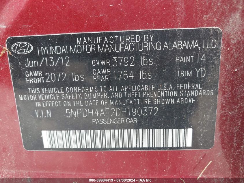 2013 Hyundai Elantra Gls/Limited VIN: 5NPDH4AE2DH190372 Lot: 39984419