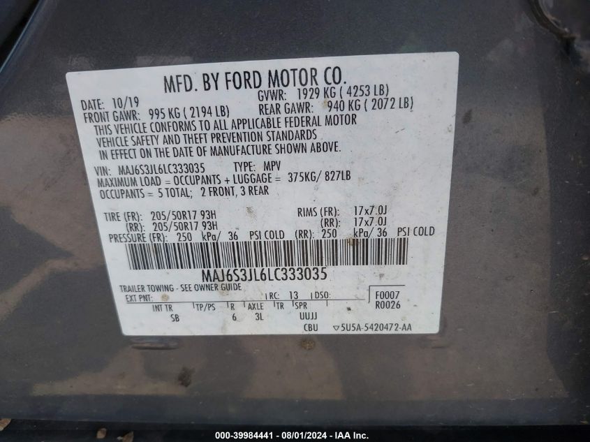 2020 Ford Ecosport Ses VIN: MAJ6S3JL6LC333035 Lot: 39984441