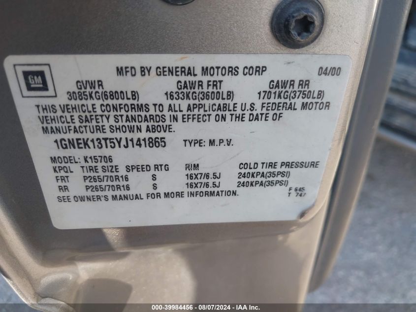 2000 Chevrolet New Tahoe Ls VIN: 1GNEK13T5YJ141865 Lot: 39984456