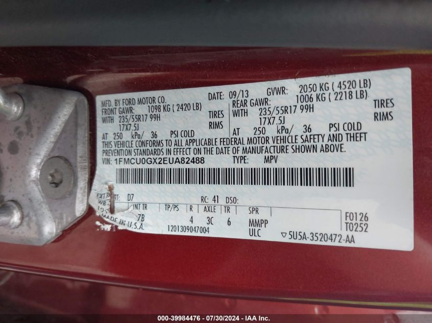 2014 Ford Escape Se VIN: 1FMCU0GX2EUA82488 Lot: 39984476