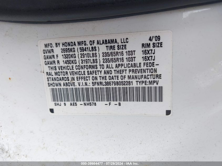 2009 Honda Odyssey Ex-L VIN: 5FNRL38679B052281 Lot: 39984477