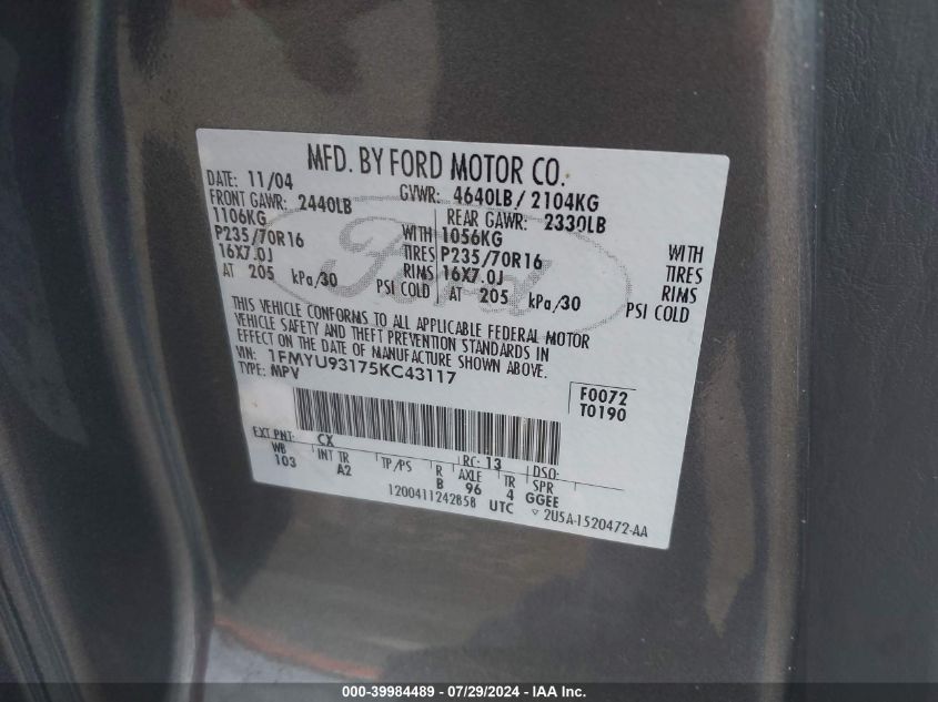 2005 Ford Escape Xlt VIN: 1FMYU93175KC43117 Lot: 39984489