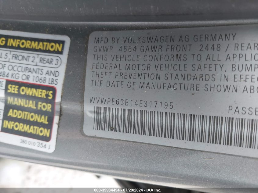 2004 Volkswagen Passat Gls Tdi VIN: WVWPE63B14E317195 Lot: 39984494