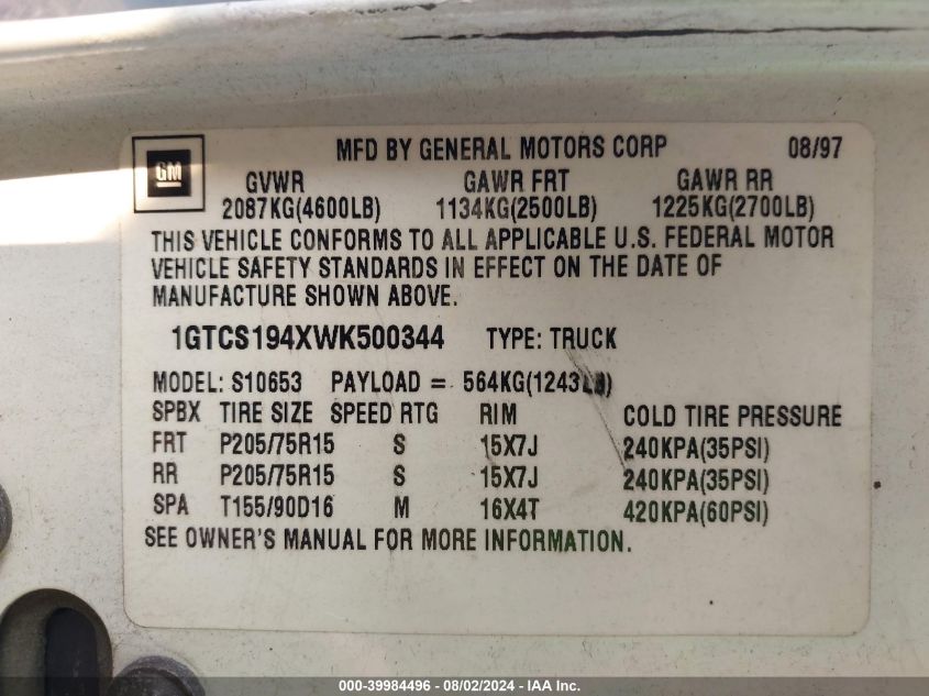 1998 GMC Sonoma VIN: 1GTCS194XWK500344 Lot: 39984496