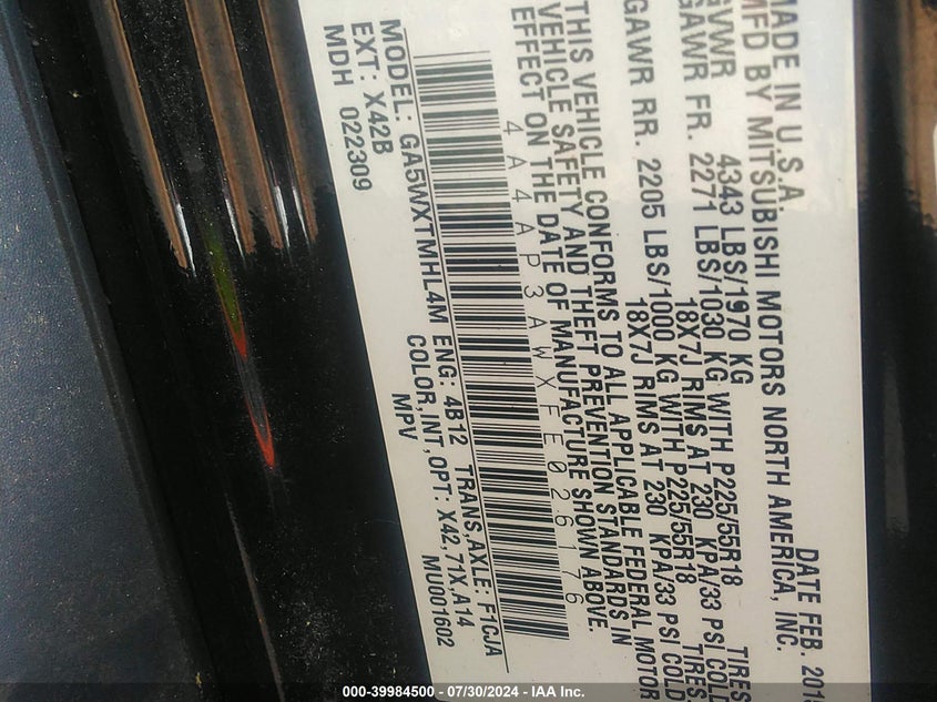 2015 Mitsubishi Outlander Sport Es VIN: 4A4AP3AWXFE026176 Lot: 39984500