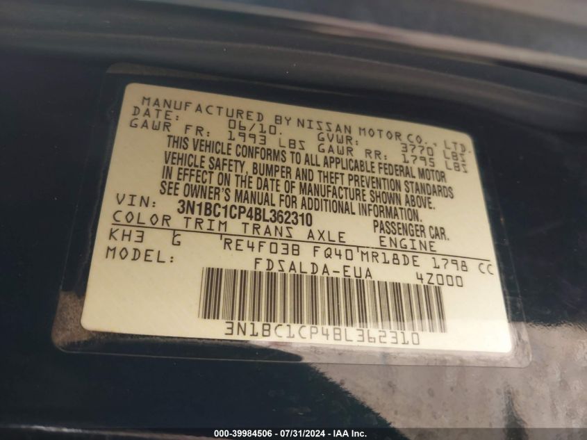 2011 Nissan Versa 1.8S VIN: 3N1BC1CP4BL362310 Lot: 39984506