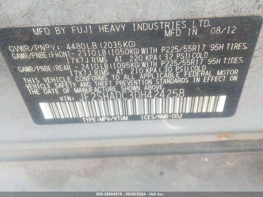 2013 Subaru Forester 2.5X Premium VIN: JF2SHADC3DH424258 Lot: 39984519