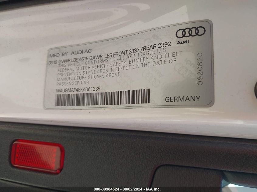 WAUGMAF48KA061335 2019 Audi A4 40 Premium/40 Titanium Premium