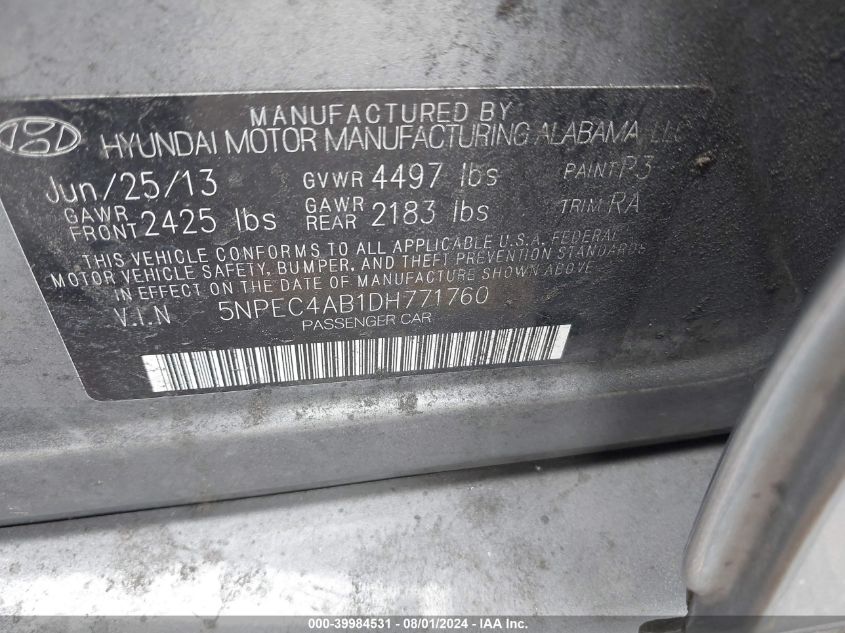 2013 Hyundai Sonata Se 2.0T VIN: 5NPEC4AB1DH771760 Lot: 39984531