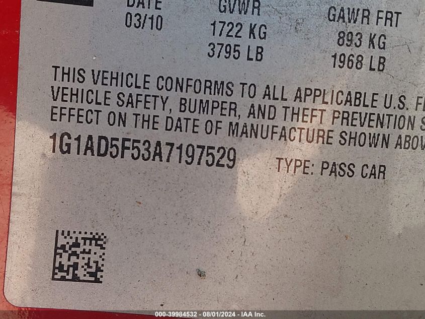 2010 Chevrolet Cobalt 1Lt VIN: 1G1AD5F53A7197529 Lot: 39984532