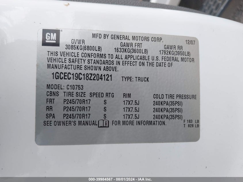 2008 Chevrolet Silverado 1500 Work Truck VIN: 1GCEC19C18Z204121 Lot: 39984567