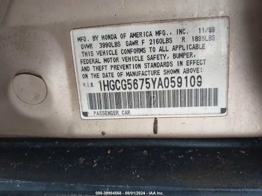 2000 Honda Accord 2.3 Se VIN: 1HGCG5675YA059109 Lot: 39984568