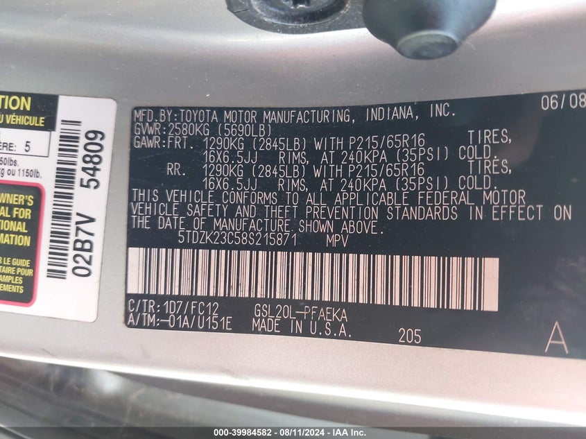 2008 Toyota Sienna Ce/Le VIN: 5TDZK23C58S215871 Lot: 39984582