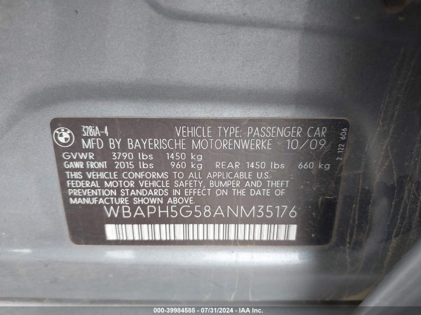 2010 BMW 328I I Sulev VIN: WBAPH5G58ANM35176 Lot: 39984585