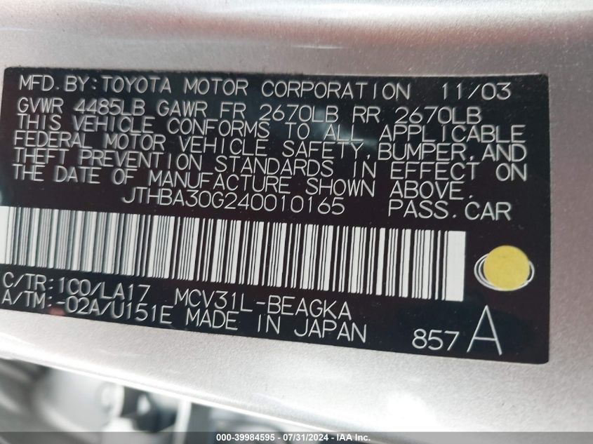 2004 Lexus Es 330 330 VIN: JTHBA30G240010165 Lot: 39984595