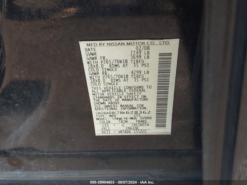 2008 Nissan Armada Se/Le VIN: 5N1BA08C78N628362 Lot: 39984603