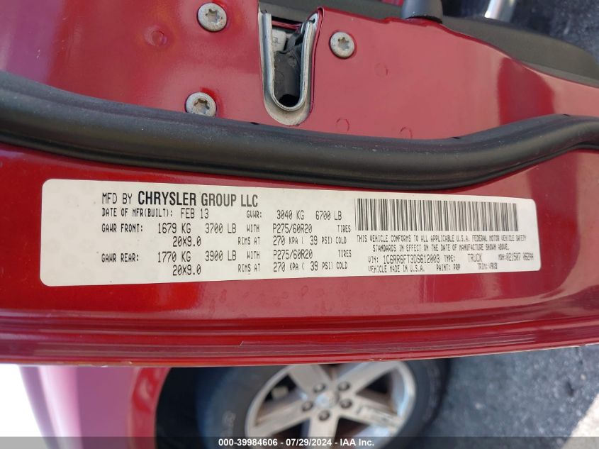 2013 Ram 1500 Tradesman/Express VIN: 1C6RR6FT3DS612003 Lot: 39984606