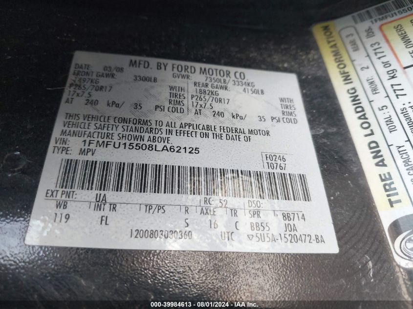 2008 Ford Expedition Xlt VIN: 1FMFU15508LA62125 Lot: 39984613