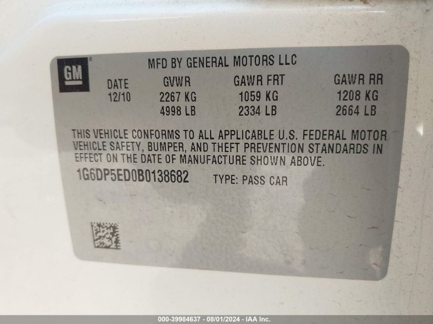 2011 Cadillac Cts Premium Collection VIN: 1G6DP5ED0B0138682 Lot: 39984637