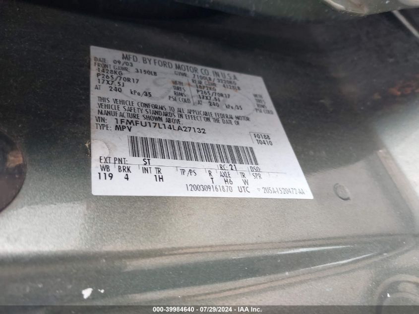 2004 Ford Expedition Eddie Bauer VIN: 1FMFU17L14LA27132 Lot: 39984640