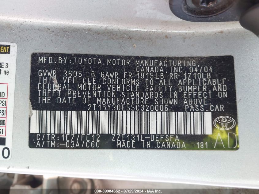 2005 Toyota Corolla Xrs VIN: 2T1BY30E55C320006 Lot: 39984652