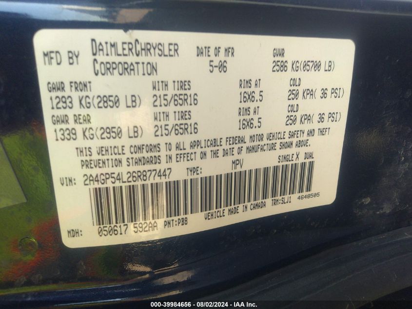 2006 Chrysler Town & Country Touring VIN: 2A4GP54L26R877447 Lot: 39984656