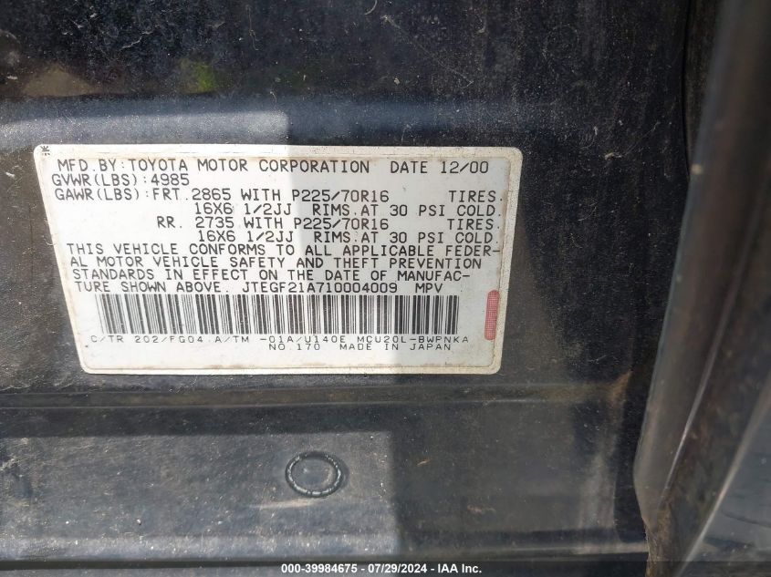 2001 Toyota Highlander V6 VIN: JTEGF21A710004009 Lot: 39984675