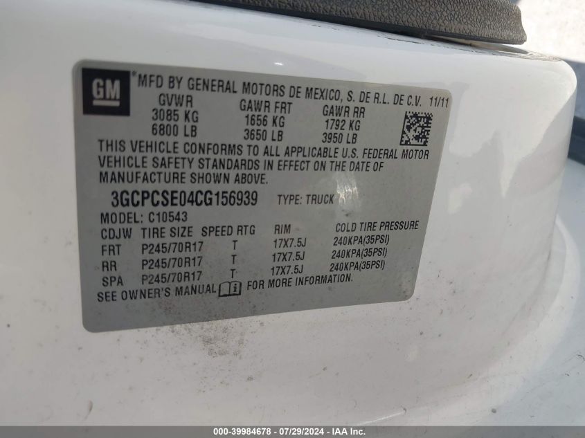 2012 Chevrolet Silverado 1500 Lt VIN: 3GCPCSE04CG156939 Lot: 39984678