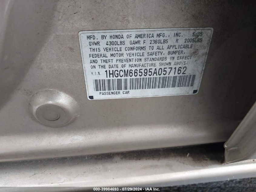 2005 Honda Accord 3.0 Ex VIN: 1HGCM66595A057162 Lot: 39984693