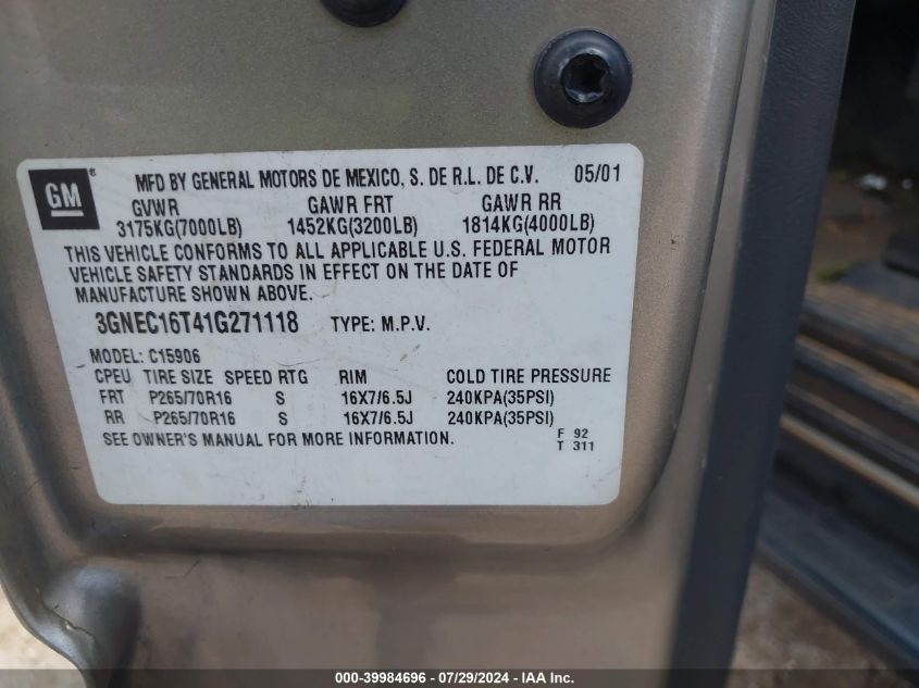 2001 Chevrolet Suburban 1500 Lt VIN: 3GNEC16T41G271118 Lot: 39984696