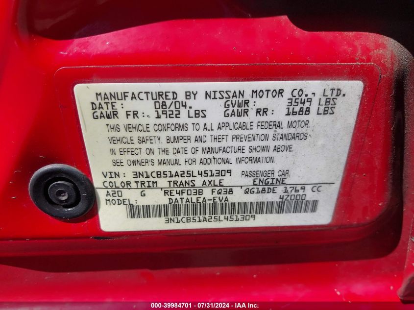 2005 Nissan Sentra 1.8S VIN: 3N1CB51A25L451309 Lot: 39984701