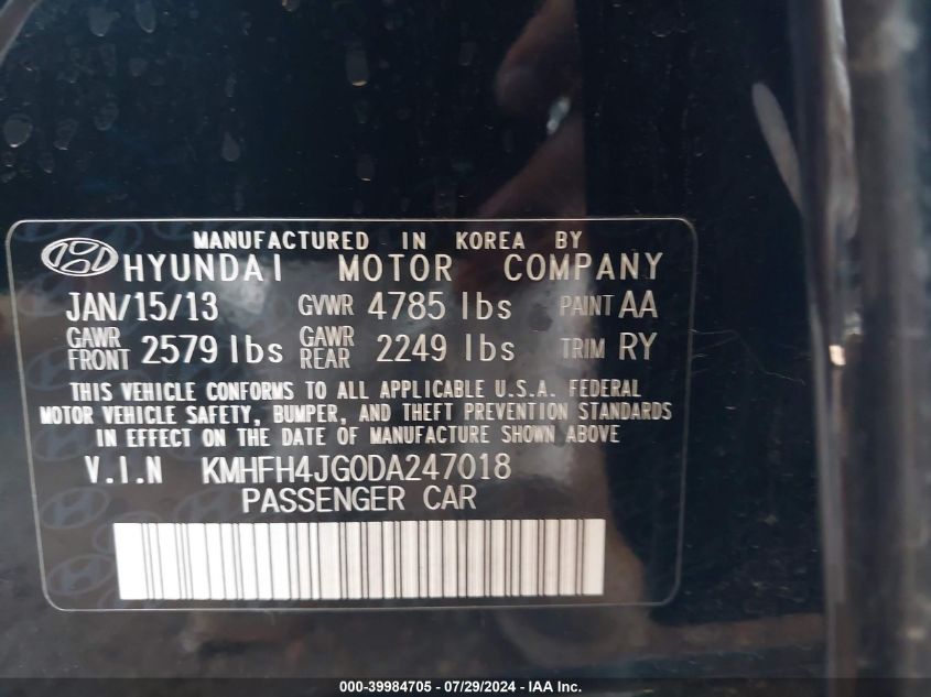 2013 Hyundai Azera VIN: KMHFH4JG0DA247018 Lot: 39984705