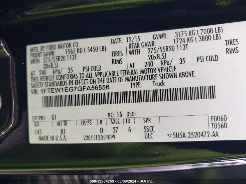 2016 Ford F-150 King Ranch VIN: 1FTEW1EG7GFA56556 Lot: 39984759