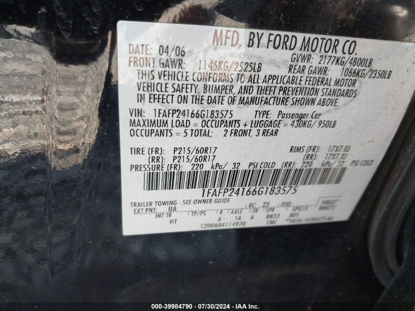 2006 Ford Five Hundred Sel VIN: 1FAFP24166G183575 Lot: 39984790