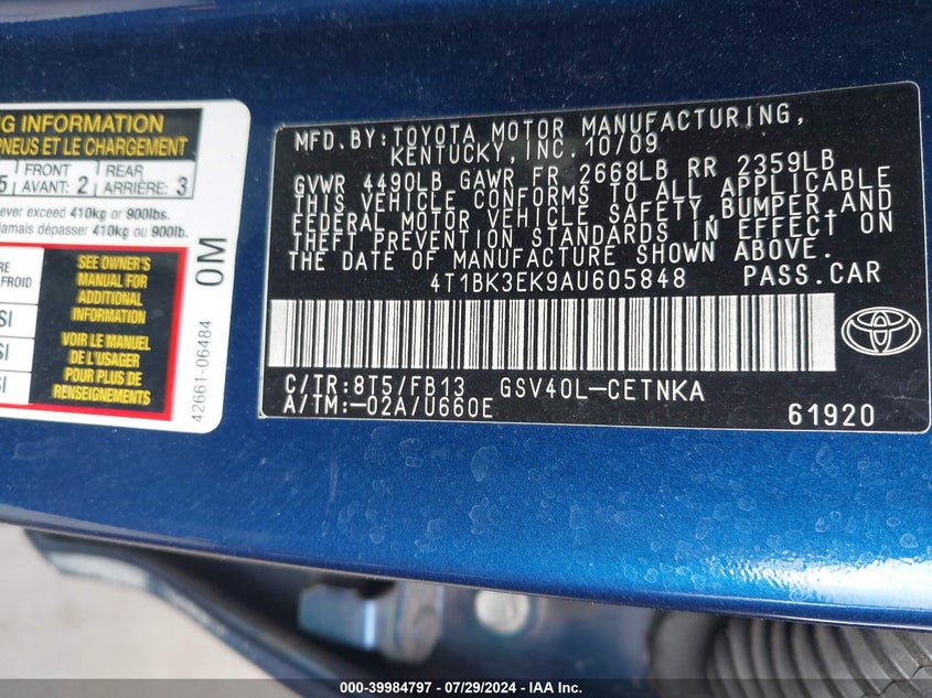 2010 Toyota Camry Le V6 VIN: 4T1BK3EK9AU605848 Lot: 39984797