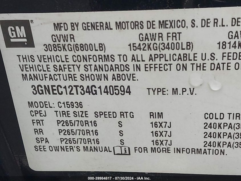 3GNEC12T34G140594 2004 Chevrolet Avalanche 1500