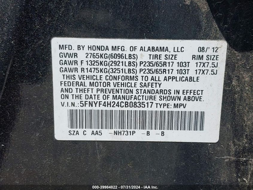 2012 Honda Pilot Lx VIN: 5FNYF4H24CB083517 Lot: 39984822