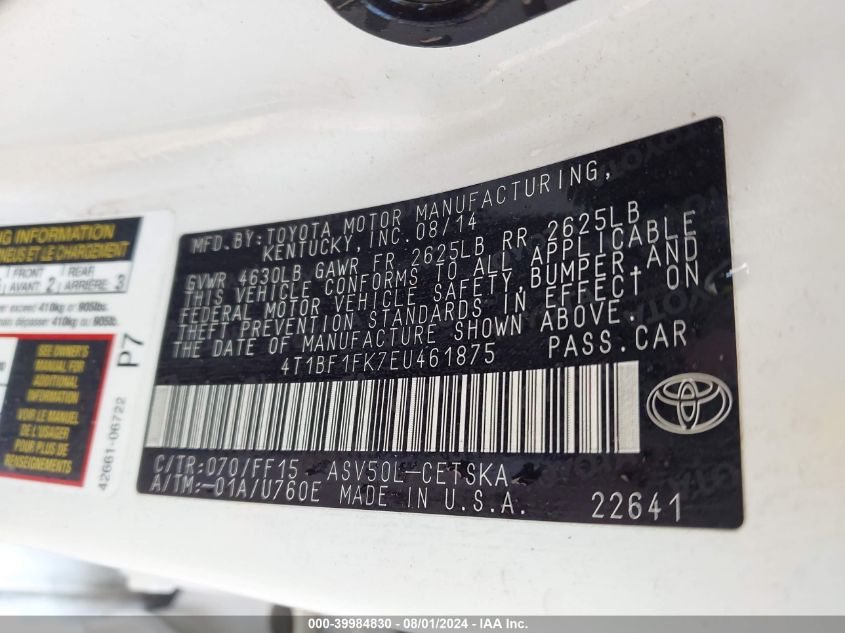 2014 Toyota Camry L/Se/Le/Xle VIN: 4T1BF1FK7EU461875 Lot: 39984830