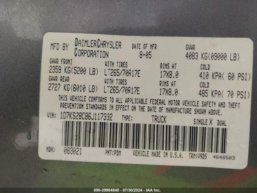 2006 Dodge Ram 2500 Slt/Trx4 Off Road/Sport/Power Wagon VIN: 1D7KS28C86J117332 Lot: 39984840