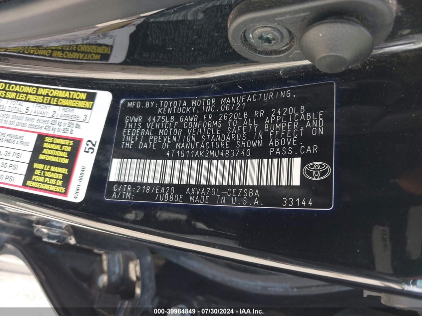 2021 TOYOTA CAMRY SE/SE NIGHT SHADE - 4T1G11AK3MU483740