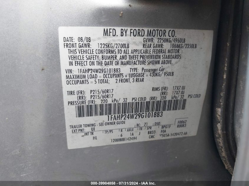 2009 Ford Taurus Sel VIN: 1FAHP24W29G101883 Lot: 39984858