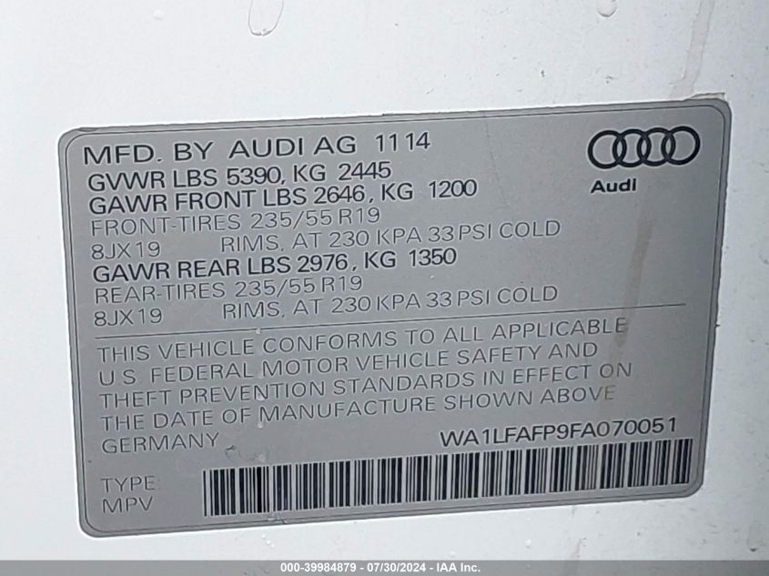 2015 Audi Q5 2.0T Premium VIN: WA1LFAFP9FA070051 Lot: 39984879