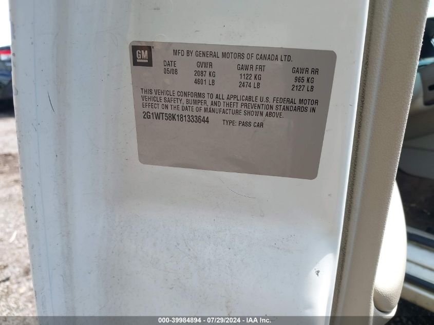 2008 Chevrolet Impala Lt VIN: 2G1WT58K181333644 Lot: 39984894