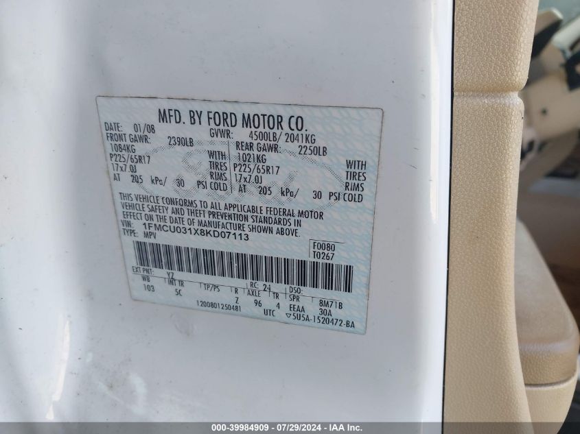 2008 Ford Escape Xlt VIN: 1FMCU031X8KD07113 Lot: 39984909